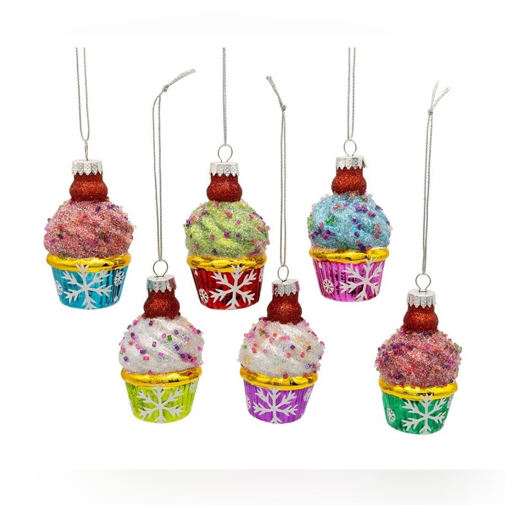 Anthropologie Kurt Adler Colorful Hand Blown Glass Ornament Set 6 Cupcake NIB - Picture 2 of 5